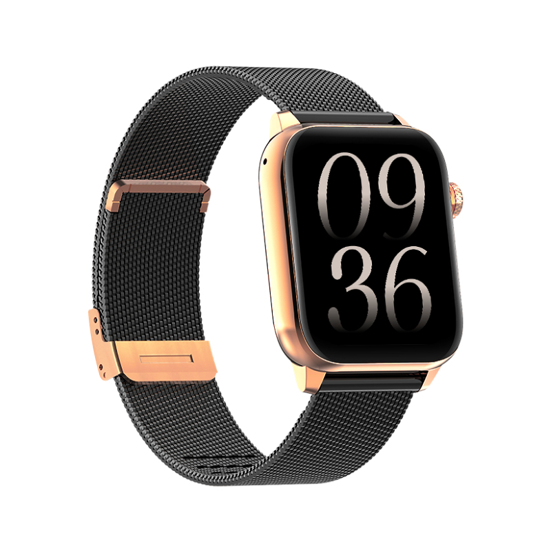 Różowozłoty smartwatch z czarnym paskiem z siatki i wyświetlaczem cyfrowym pokazującym 09:36.