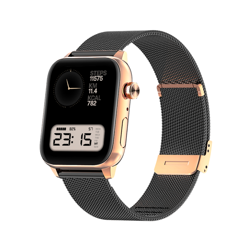 Różowozłoty smartwatch z czarnym paskiem z siatki i cyfrową tarczą na białym tle.