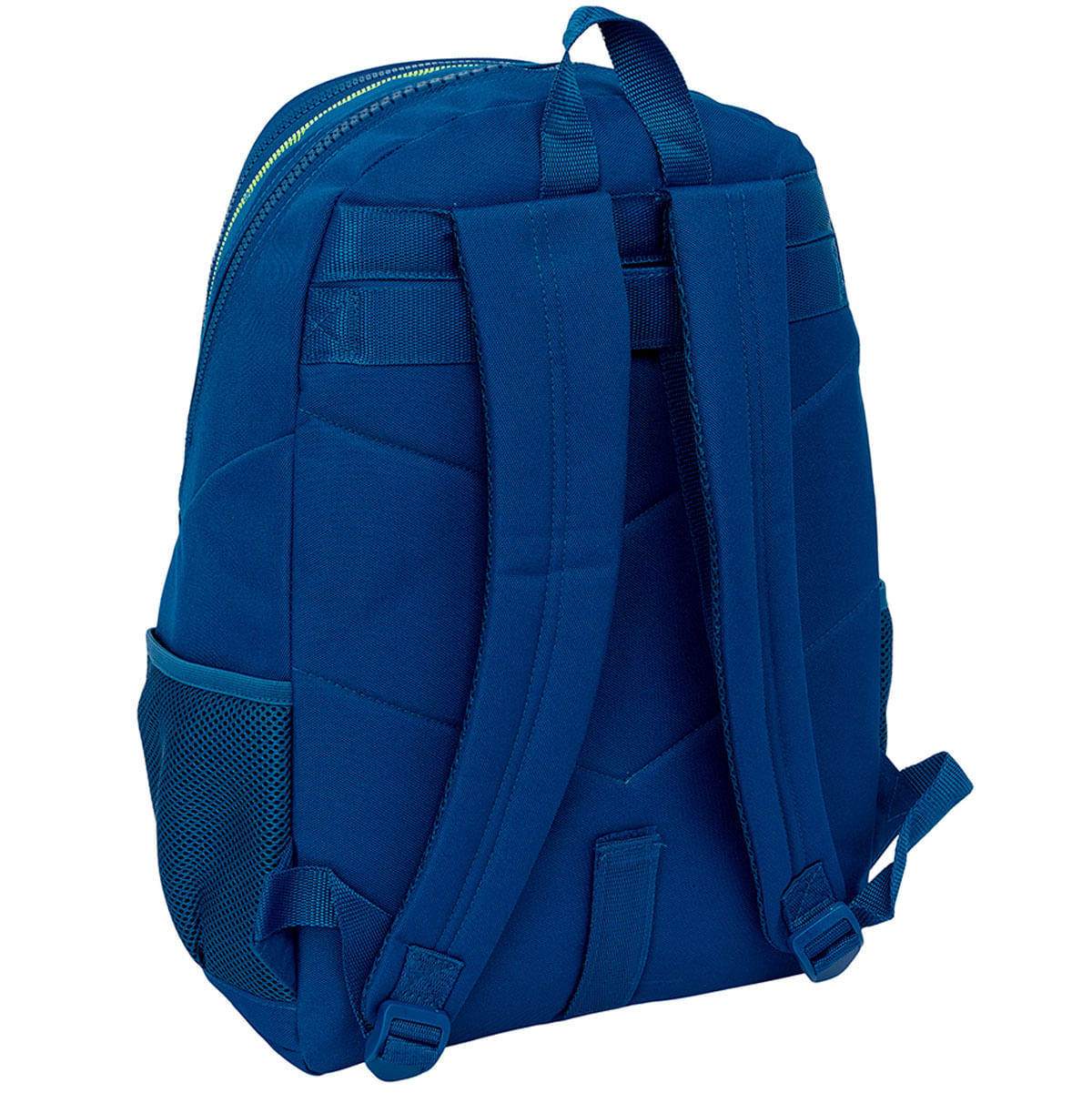 Mochila azul vista desde atrás, con dos correas acolchadas para los hombros, asa superior y bolsillos laterales de malla.