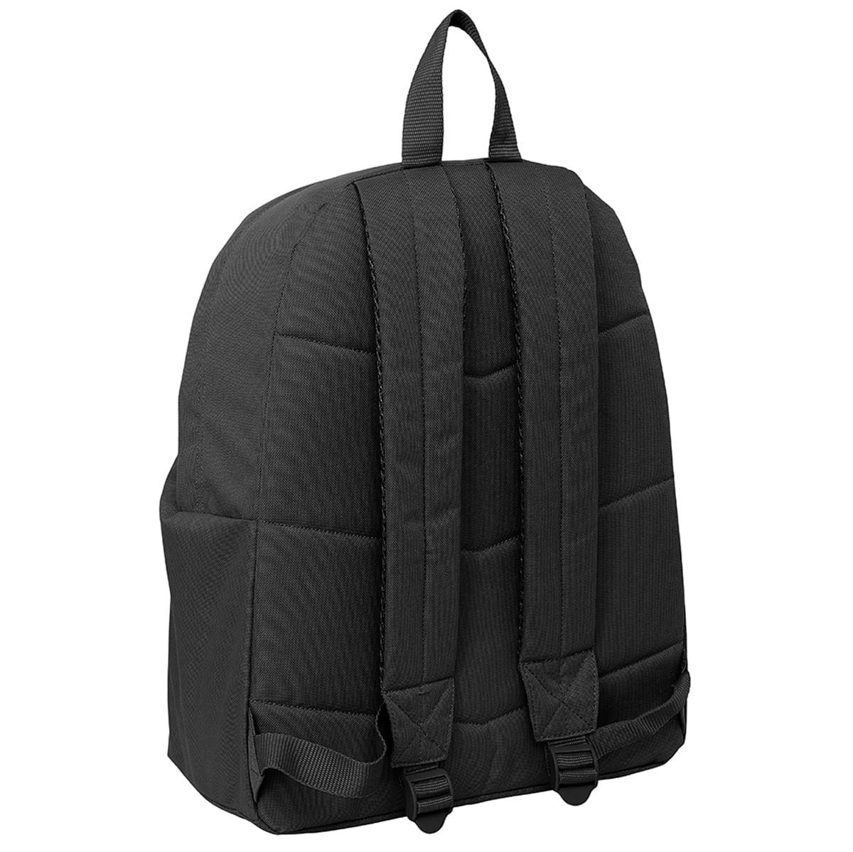 Una mochila negra con correas ajustables y un asa superior sobre un fondo blanco.