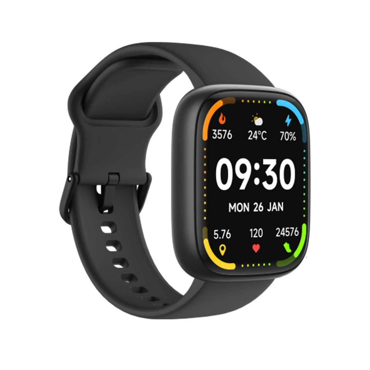 Czarny smartwatch z kwadratowym ekranem, godziną cyfrową 09:30 i kolorowymi statystykami.