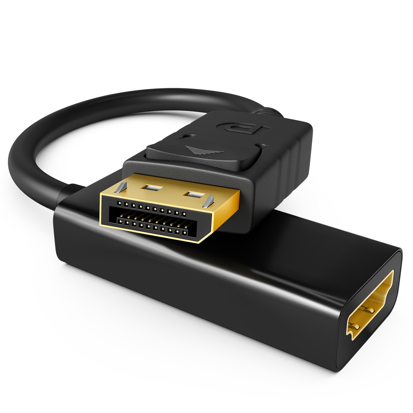 Ein schwarzer DisplayPort-zu-HDMI-Adapter mit goldenen Anschlüssen auf weißem Grund.