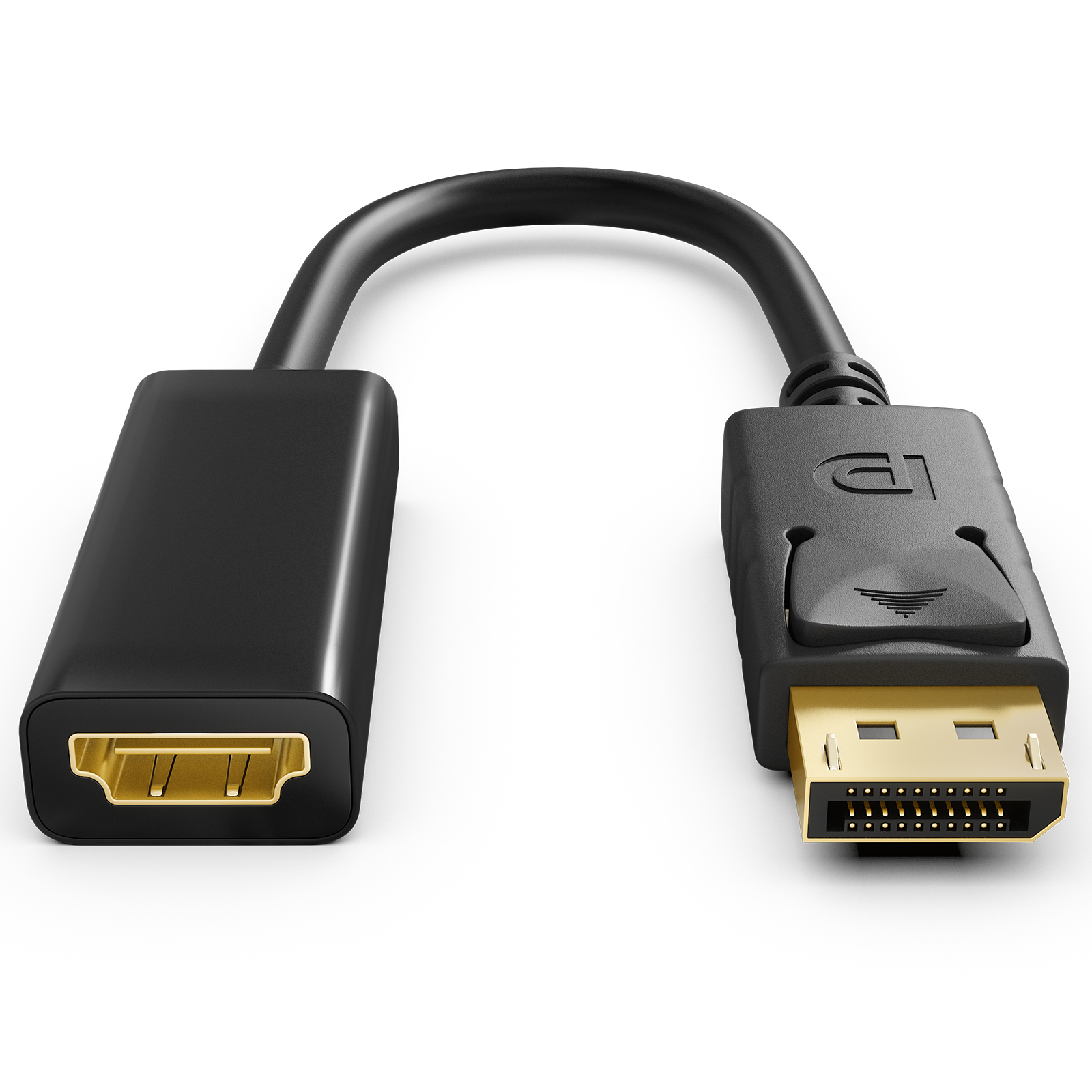 Ein schwarzes DisplayPort-Adapterkabel mit vergoldeten Anschlüssen an beiden Enden auf weißem Hintergrund.