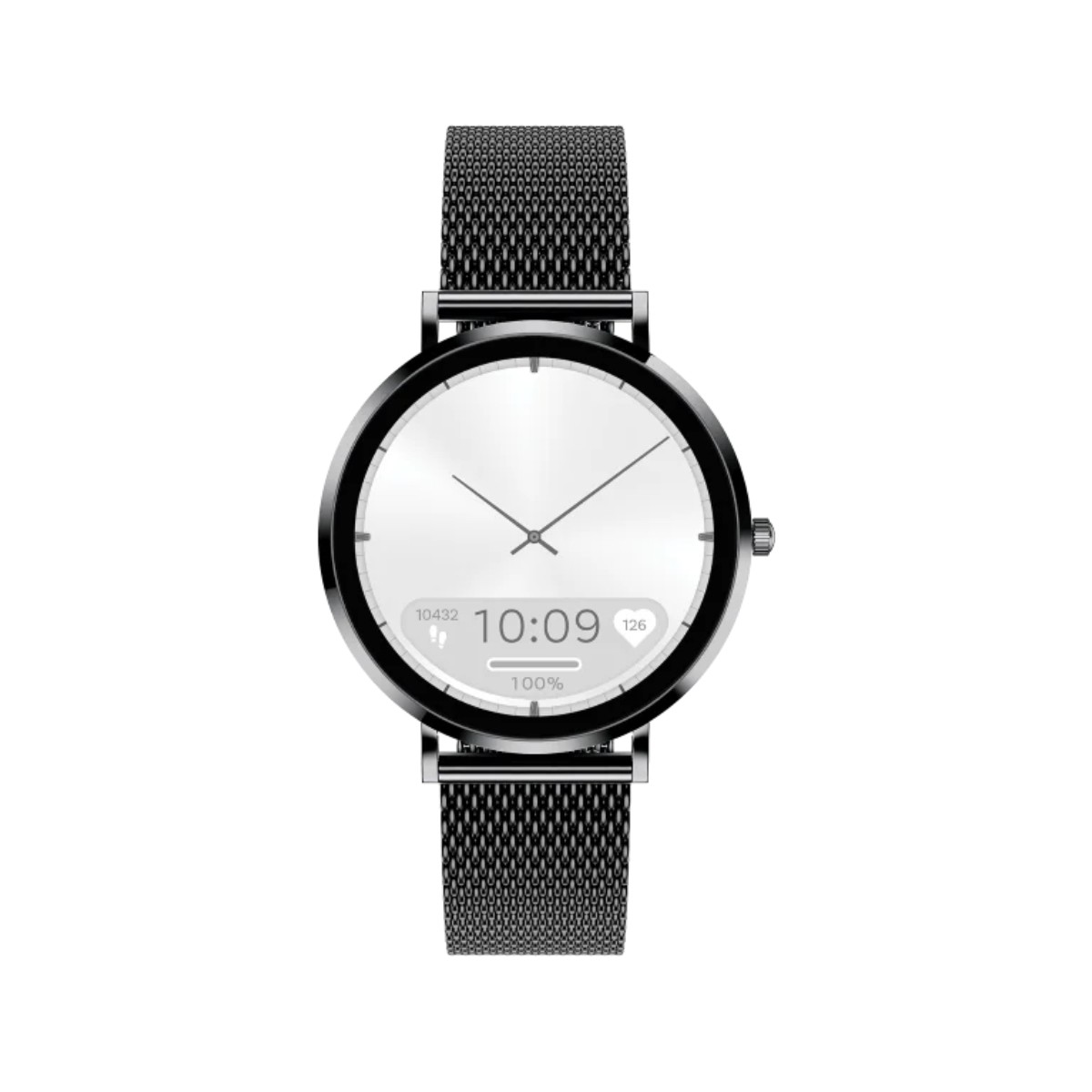 Czarny smartwatch z okrągłą tarczą i metalową bransoletą z siatki na białym tle.