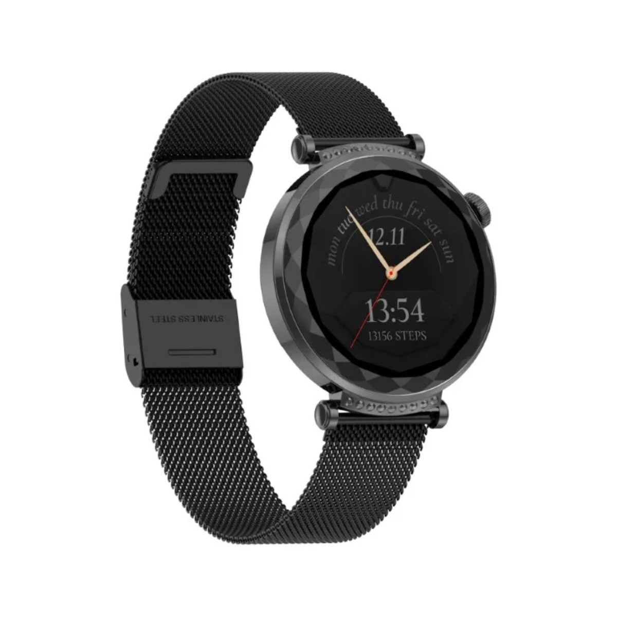 Czarny smartwatch z okrągłą, fasetowaną tarczą i drobną metalową bransoletą.