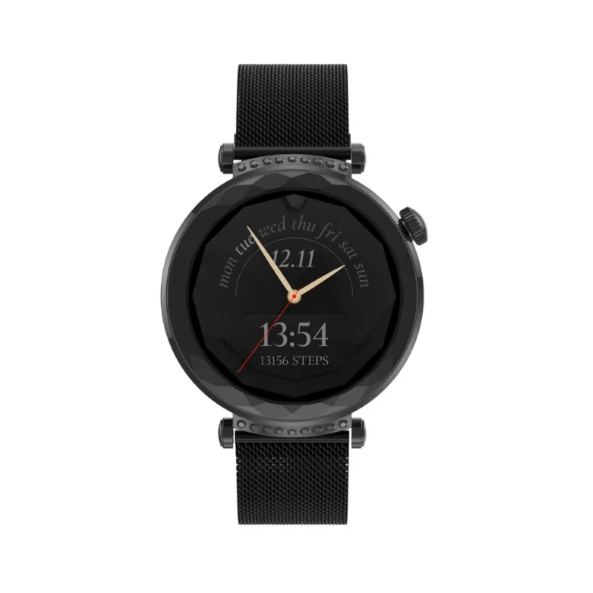 Czarny smartwatch z okrągłą kopertą, siatkowym paskiem i cyfrowym wyświetlaczem czasu na białym tle.
