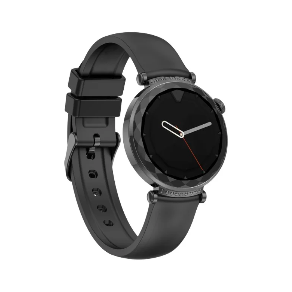 Czarny smartwatch z fasetowaną ramką, czarną tarczą, wskazówkami analogowymi i czarnym silikonowym paskiem.