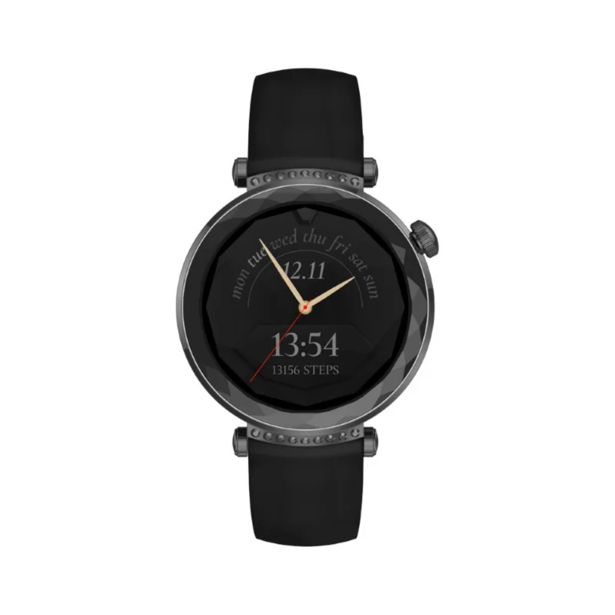 Elegancki czarny smartwatch z okrągłą tarczą i błyszczącymi kamieniami.