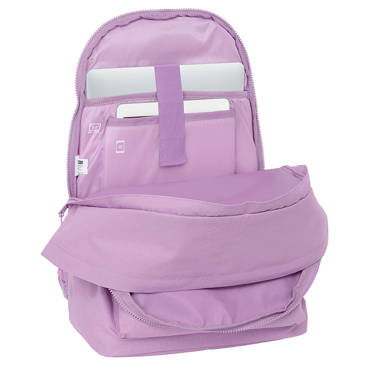 Una mochila lavanda abierta con dos compartimentos y un portátil en el interior.