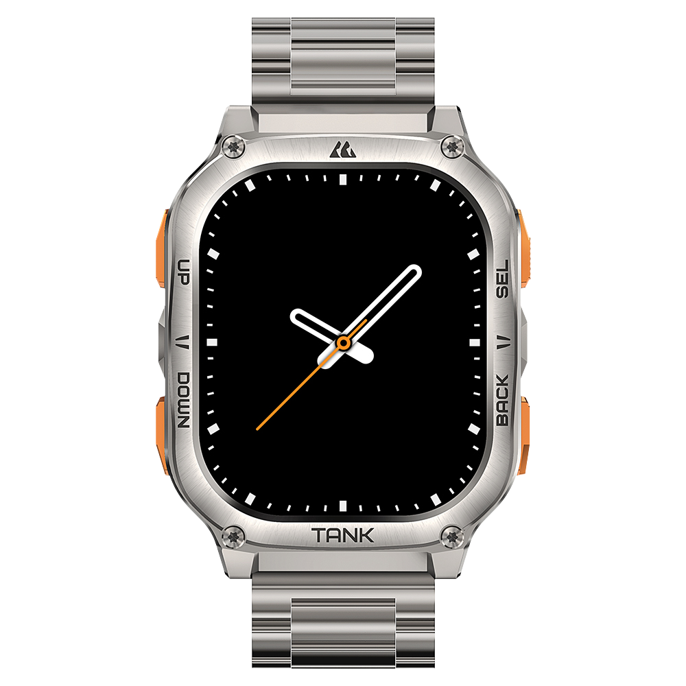 Wytrzymały srebrny smartwatch z czarną tarczą, pomarańczowymi akcentami i metalową bransoletą na czarnym tle.