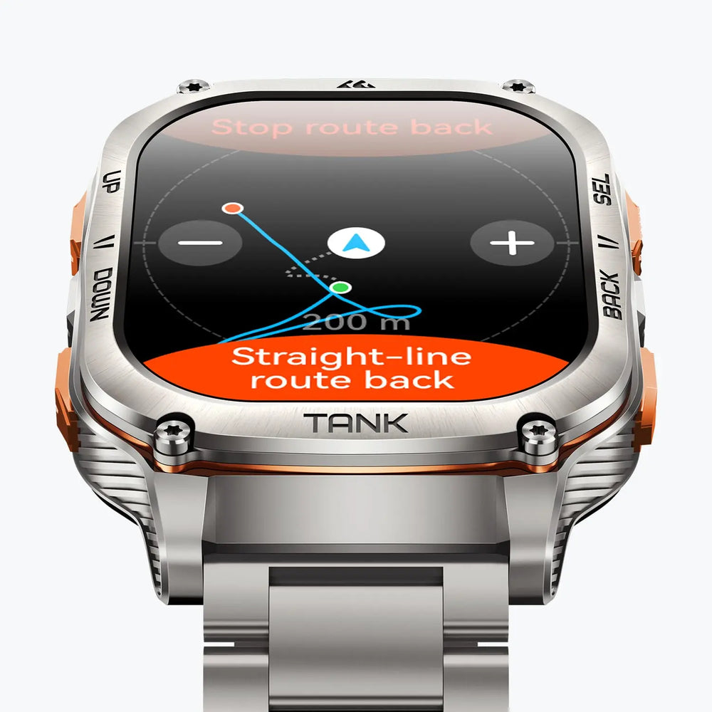 Solidny srebrny smartwatch z metalowym paskiem wyświetla mapę nawigacyjną z tekstem.