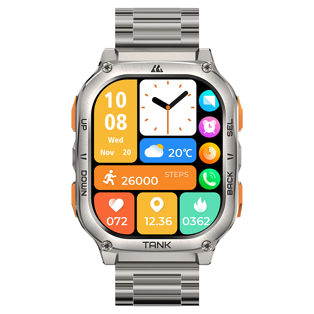 Srebrny smartwatch z cyfrowym ekranem pokazujący czas, pogodę, kroki i dane zdrowotne na czarnym tle.