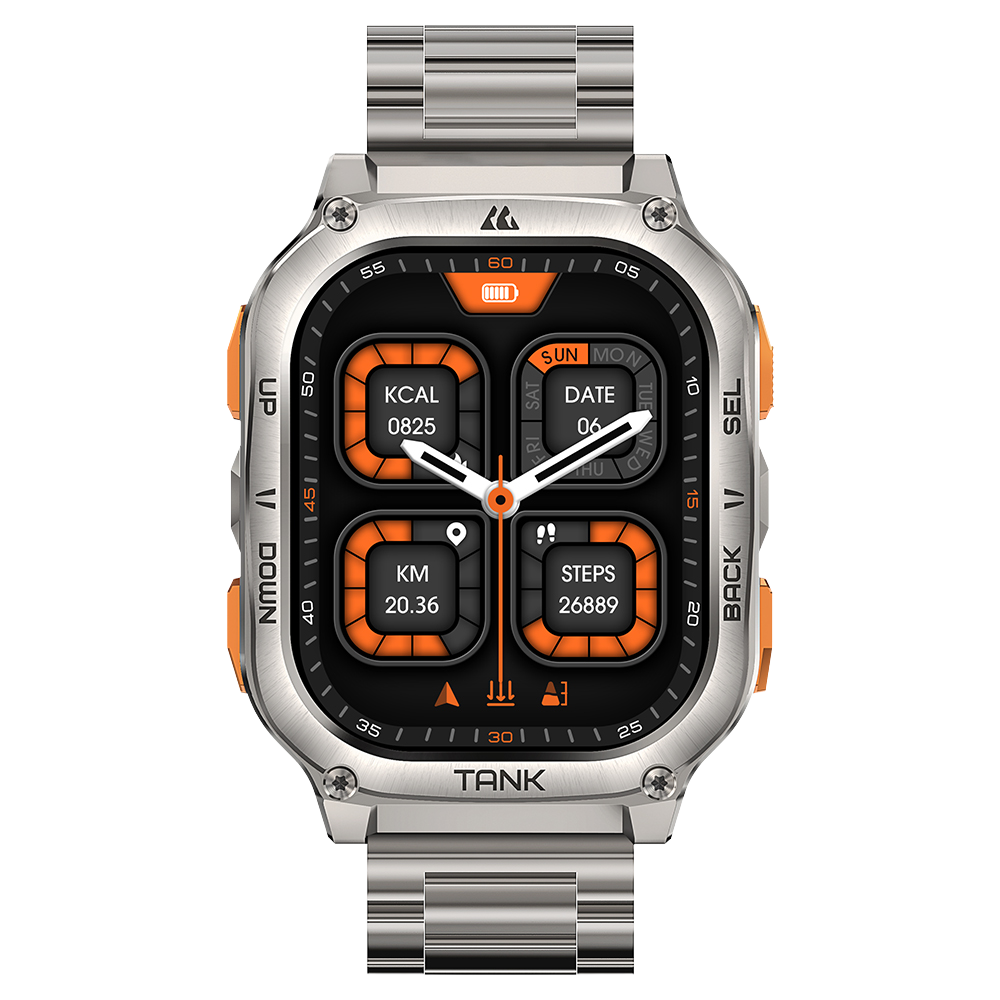 Wytrzymały srebrny smartwatch z cyfrowym, pomarańczowo-czarnym ekranem i metalową bransoletą.