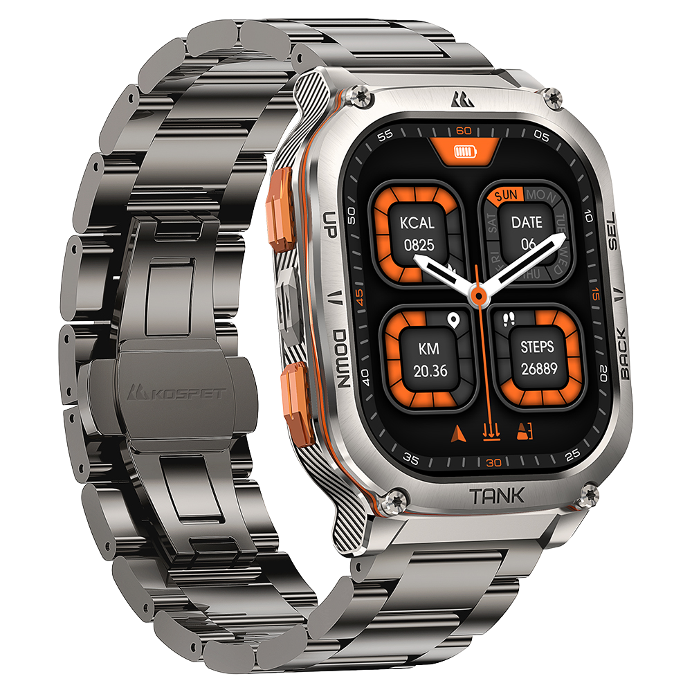 Srebrny smartwatch z metalową bransoletą i cyfrowym wyświetlaczem pokazującym dane o zdrowiu i godzinie.