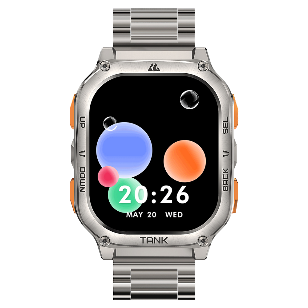 Srebrny smartwatch z metalową bransoletą i kolorowymi bąbelkami na wyświetlaczu.