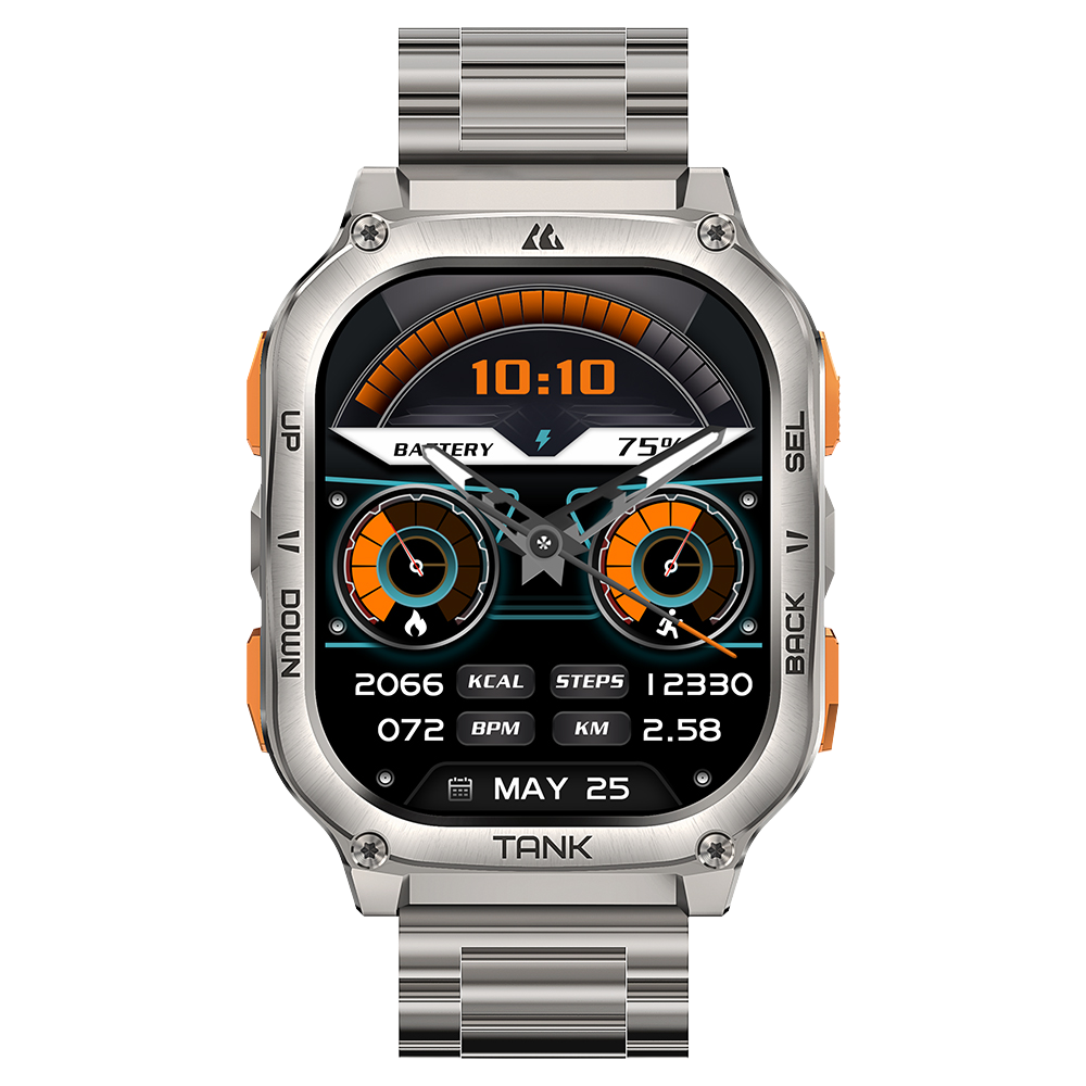 Srebrny smartwatch z cyfrowym interfejsem pokazującym czas, baterię, kalorie, kroki i datę na czarnym tle.