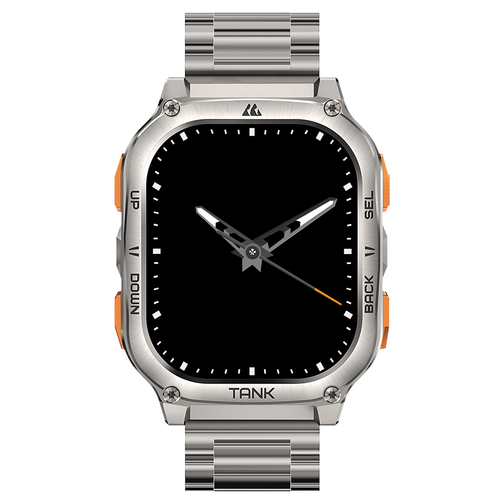 Wytrzymały srebrny smartwatch z czarną tarczą, wskazówkami analogowymi i metalową bransoletą.