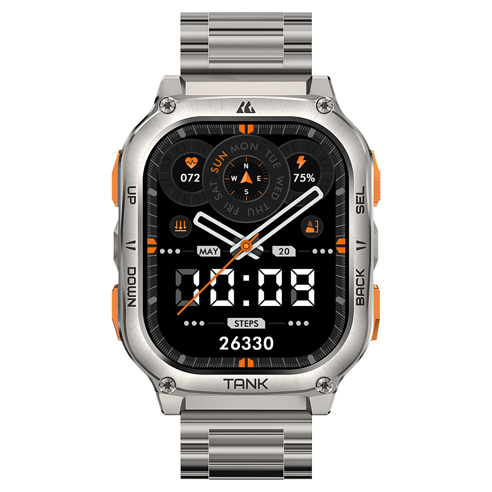 Wytrzymały srebrny smartwatch z cyfrowym wyświetlaczem, kompasem i metalową bransoletą na czarnym tle.