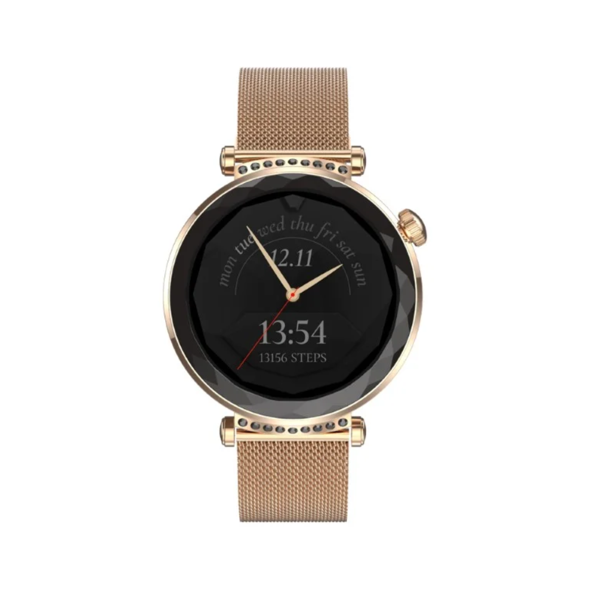 Różowozłoty smartwatch z paskiem z siatki i czarnym ekranem.
