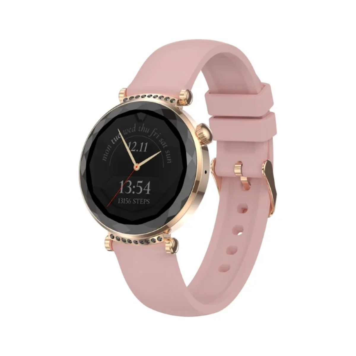 Elegancki smartwatch z różowym paskiem, okrągłą fasetowaną tarczą i złotymi detalami.