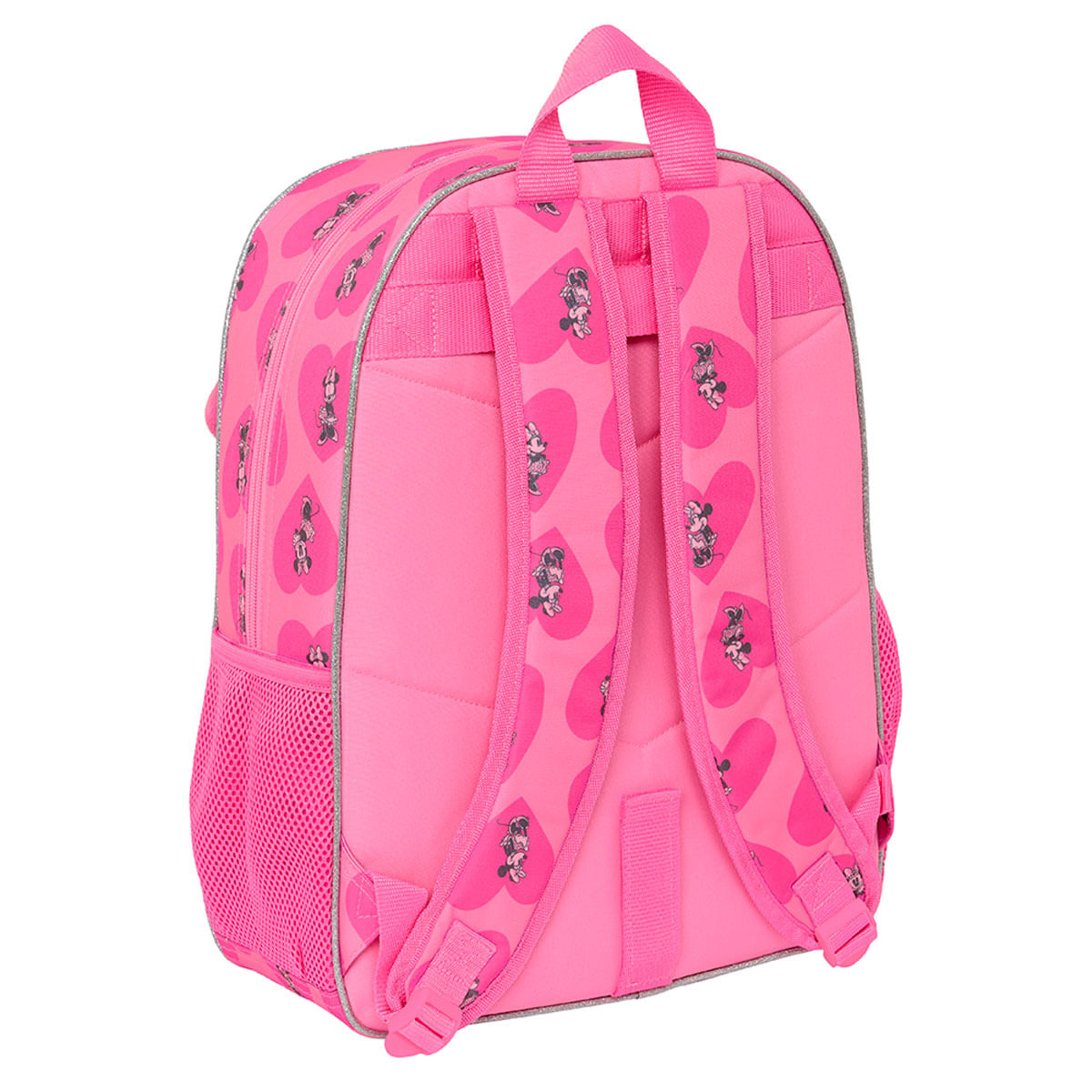 Una mochila rosa con estampado de corazones y pequeños motivos de Minnie Mouse muestra la espalda y los tirantes acolchados.