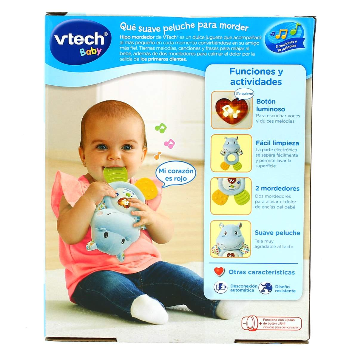 Embalaje de un juguete VTech Baby que muestra a un bebé jugando con un hipopótamo de peluche mordedor azul.
