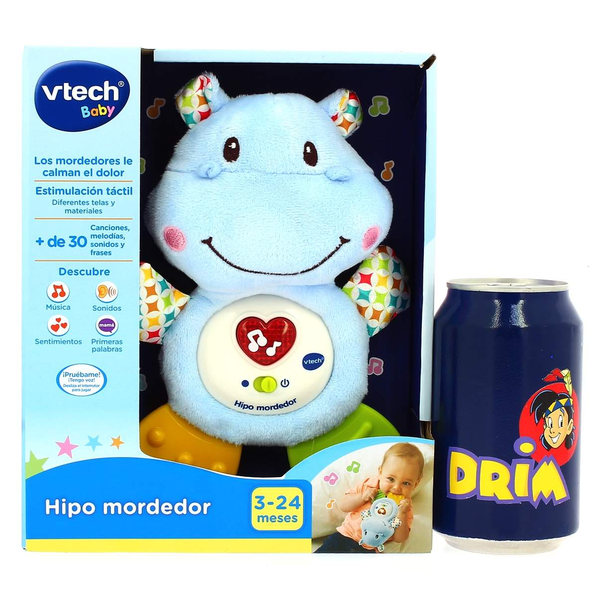Hipopótamo de peluche Vtech Baby en caja azul junto a una lata de refresco azul.
