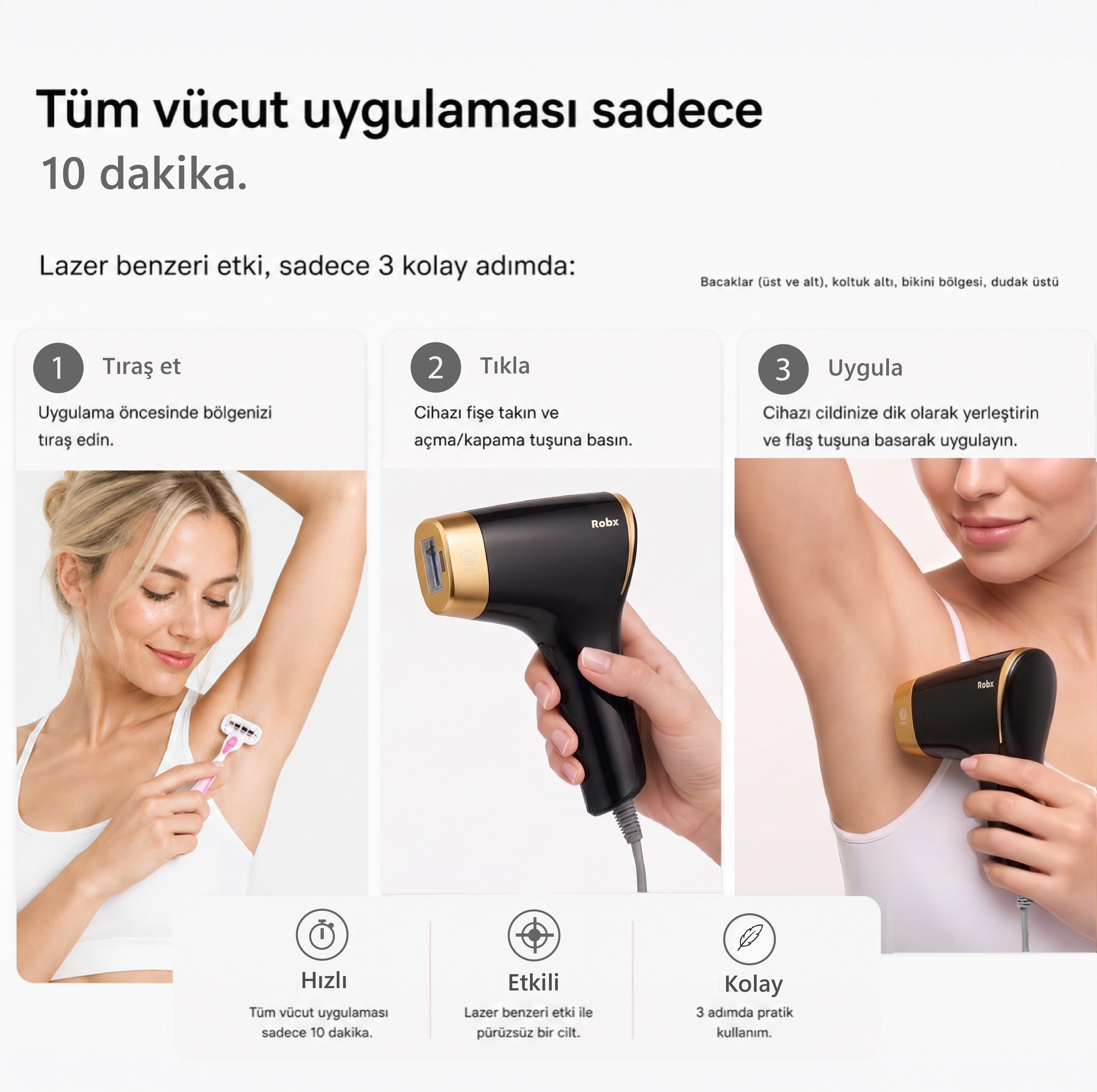 Üç adımda epilasyon kılavuzu: tıraş etme, fişe takma ve IPL cihazını uygulama.
