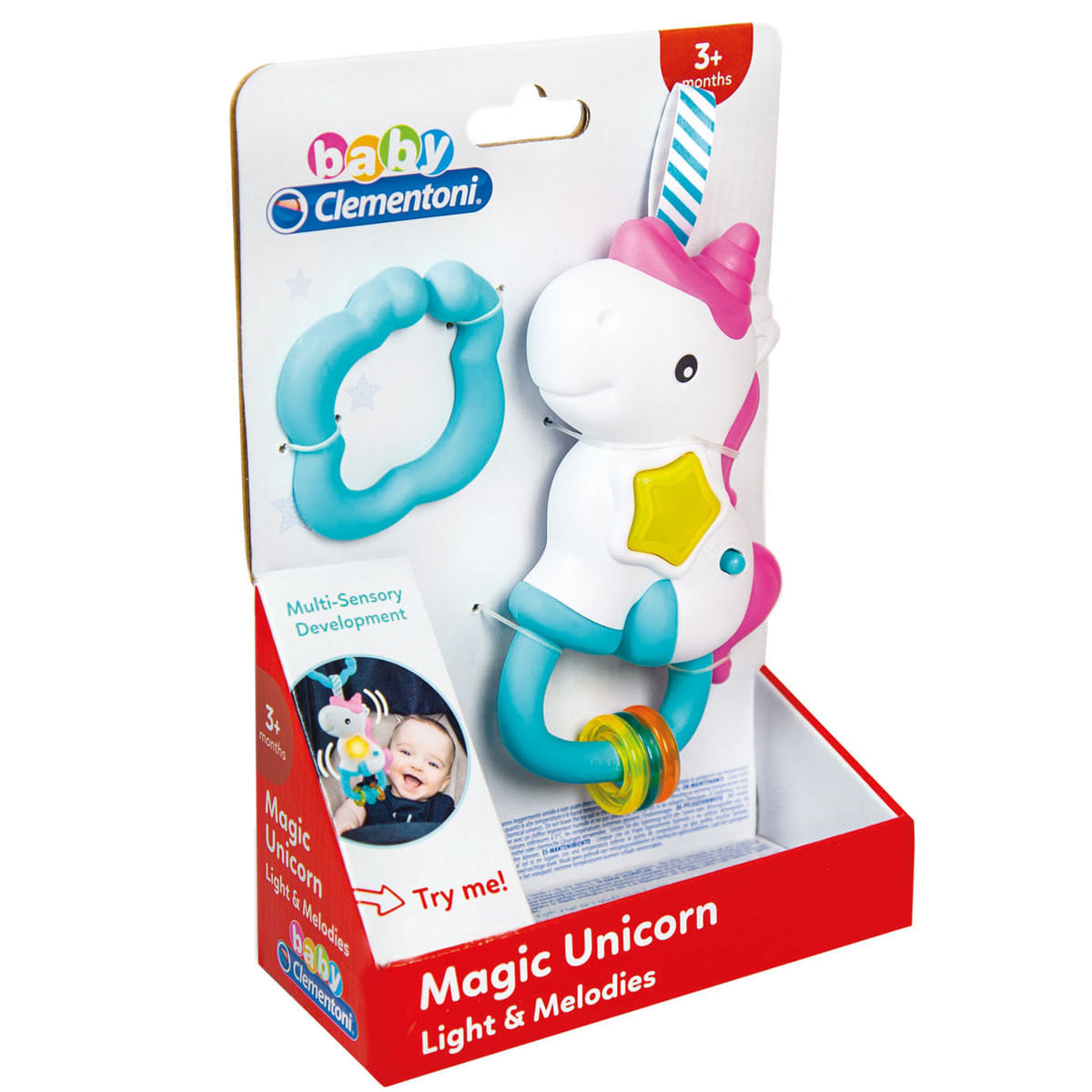 Un juguete de bebé Clementoni Magic Unicorn en su empaque con luces y melodías.