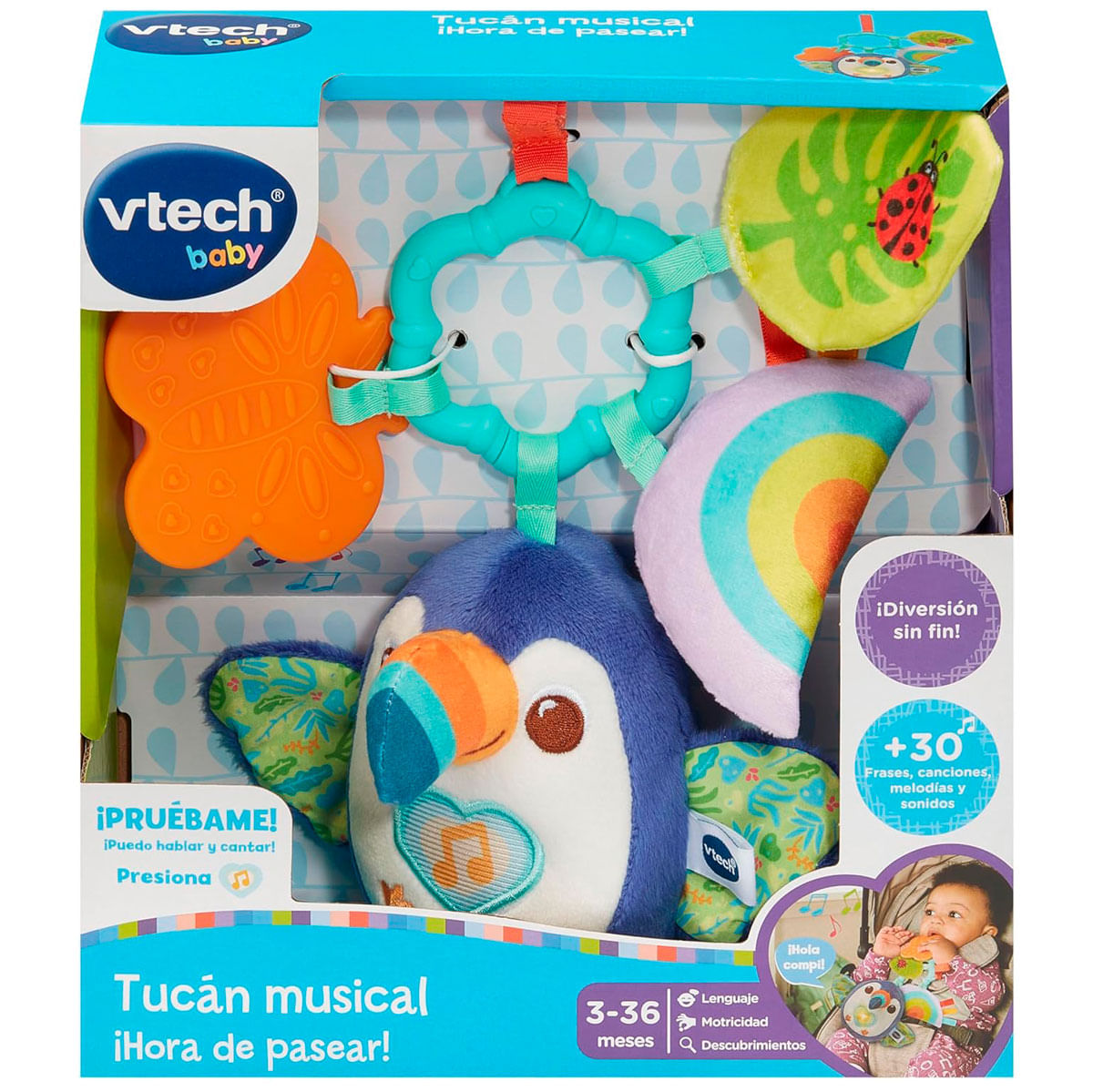 Juguete tucán musical de VTech Baby en caja colorida con pájaro de peluche, mordedor y hojas de tela.