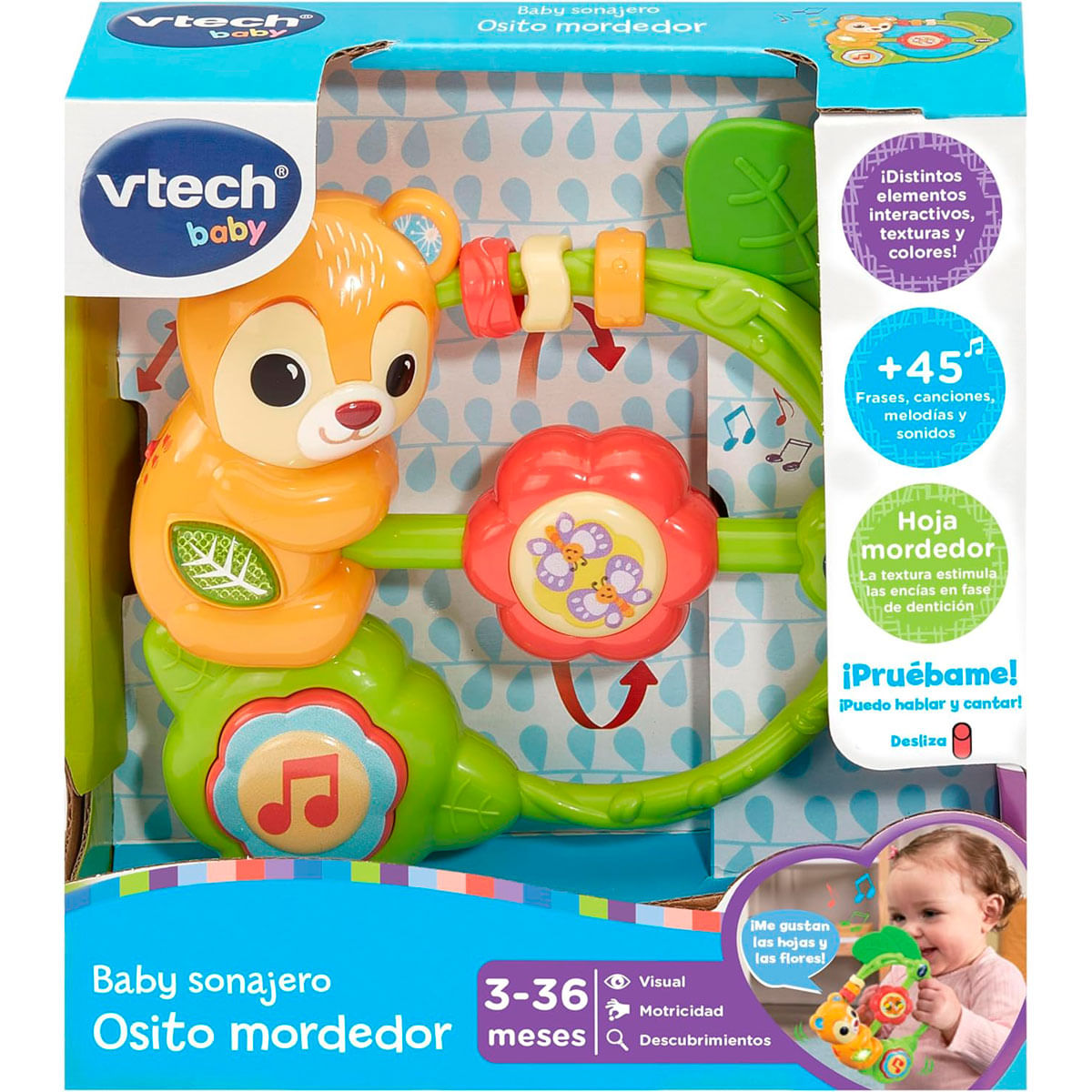 Juguete VTech Baby Osito mordedor en caja colorida con un oso y flor.