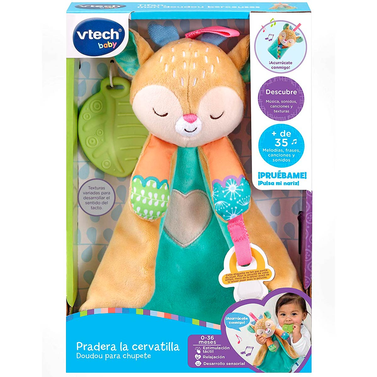 Juguete de peluche VTech para bebé con mordedor y cuerpo de manta suave.