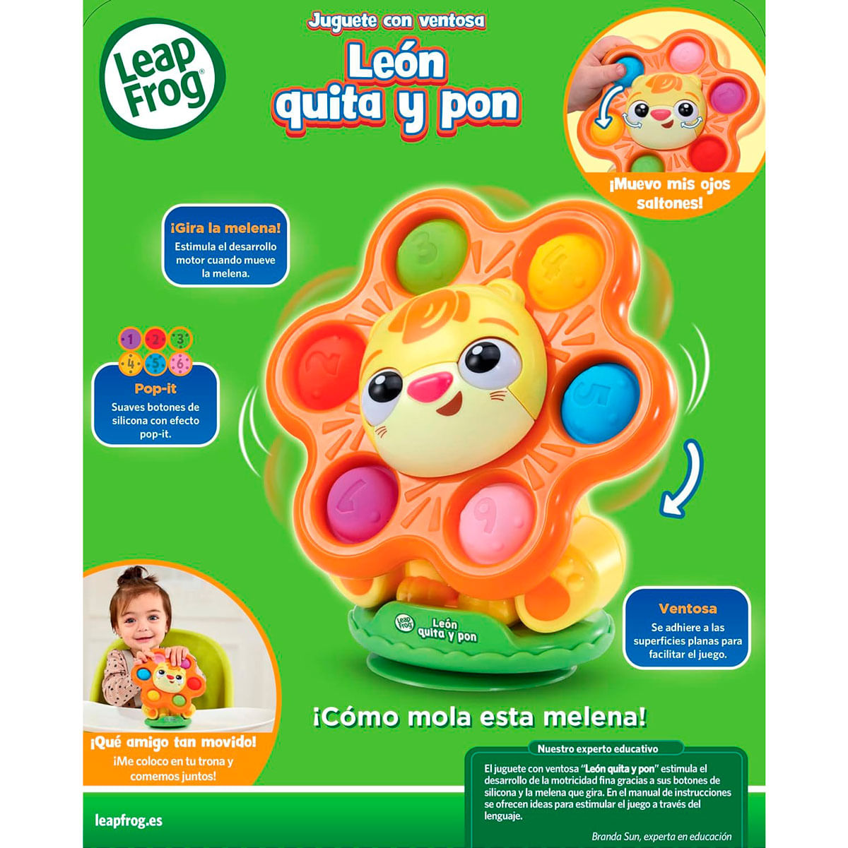 Anuncio verde LeapFrog de un juguete con ventosa en forma de león y botones coloridos.