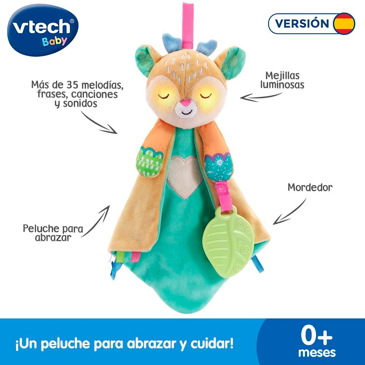 Peluche Vtech Baby con mejillas luminosas, melodías y mordedor para bebés de 0+ meses.