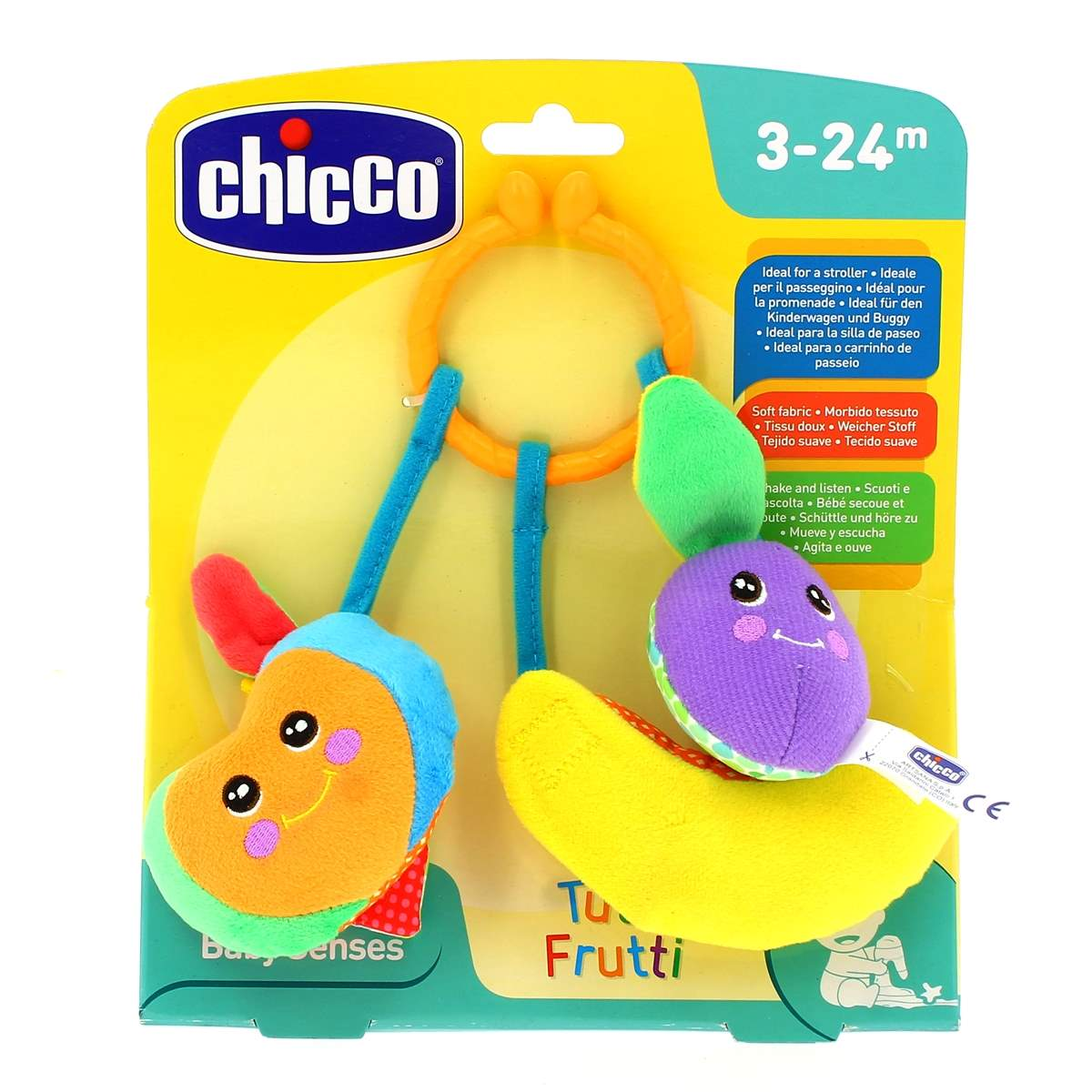 Juguete para bebé Chicco Tutti Frutti en empaque colorido con sonajero colgante.