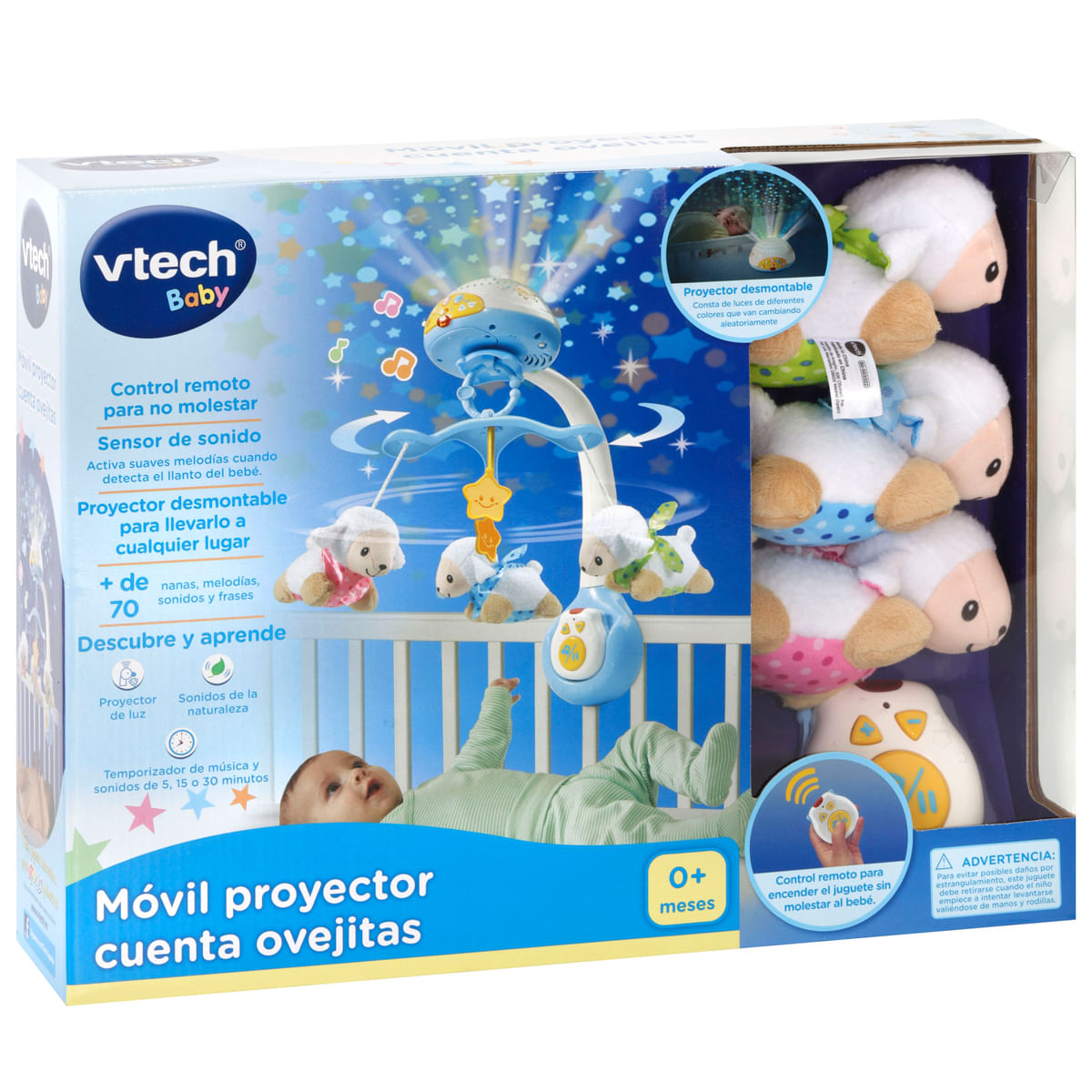 Caja de móvil proyector VTech Baby con ovejitas de peluche, proyector y mando.