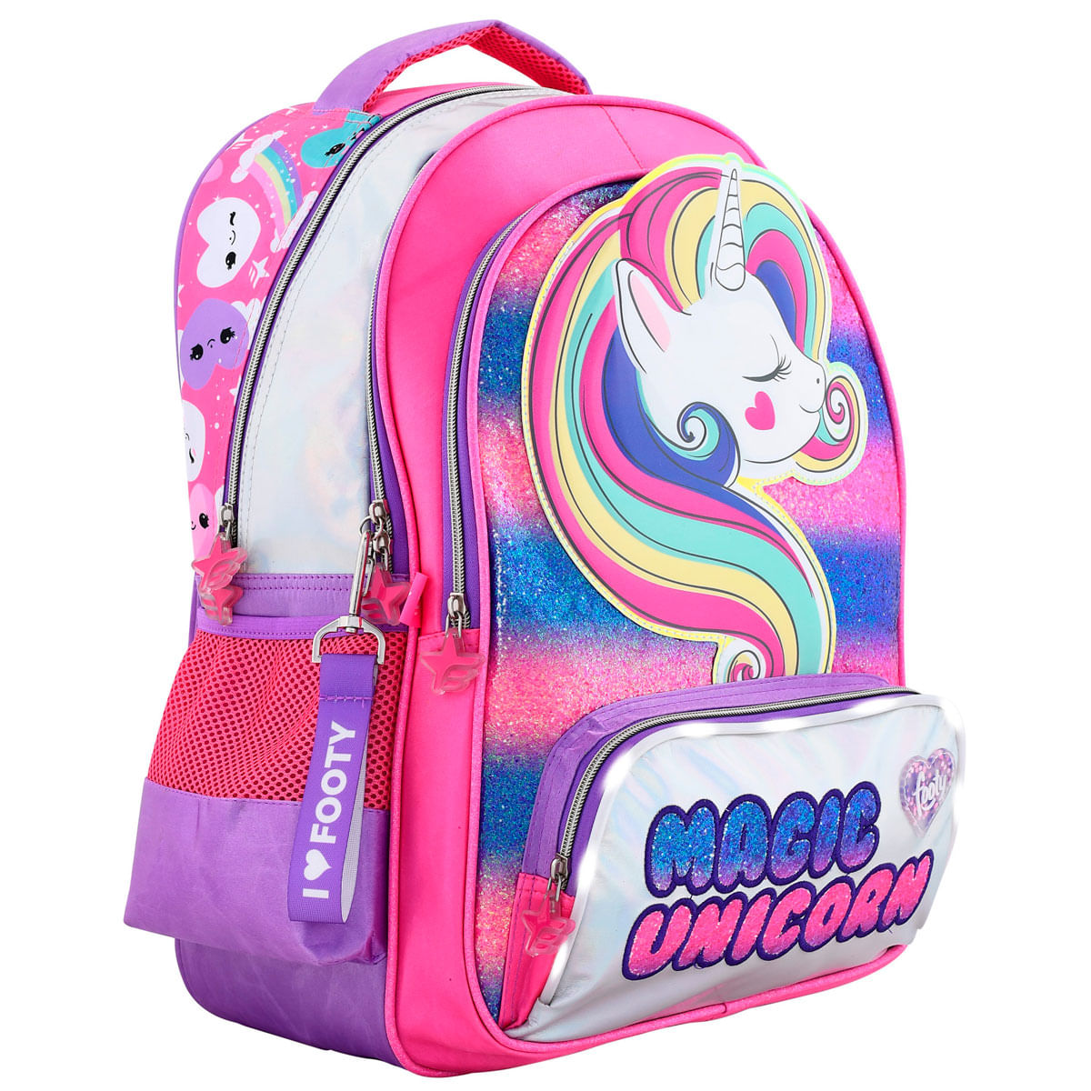 Una mochila rosa brillante con un gráfico de unicornio y texto Magic Unicorn.