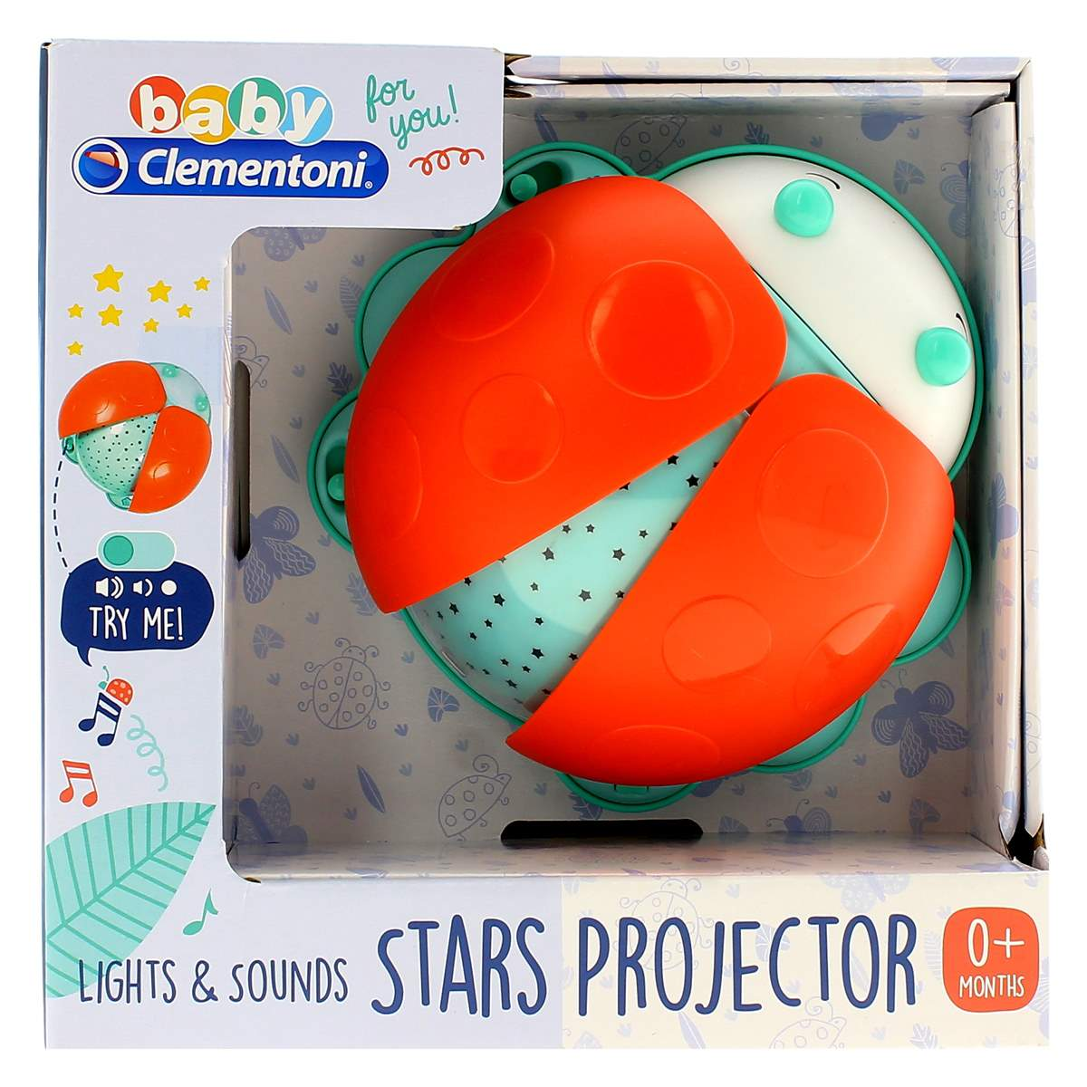 Un proyector de estrellas para bebés Clementoni con forma de mariquita roja y turquesa, en su caja.