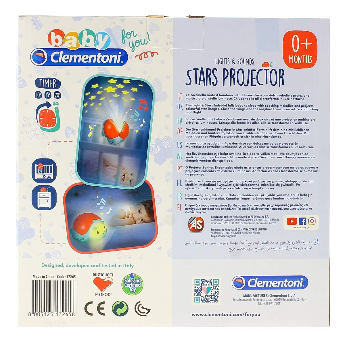 Embalaje del proyector de estrellas para bebés Clementoni con una mariquita de juguete y detalles.