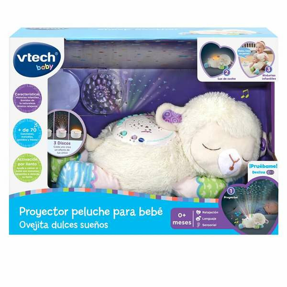 Proyector de peluche de ovejita VTech Baby en caja con luces.