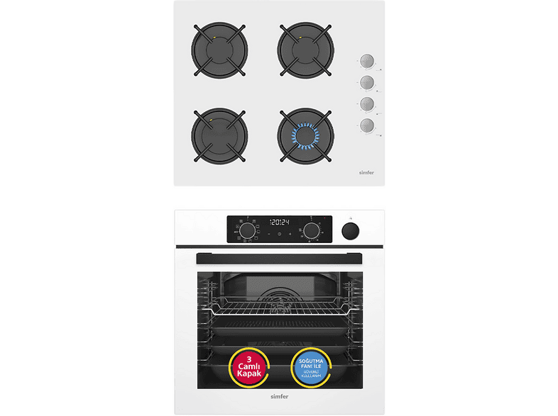 SIMFER 0+10 Fonksiyon Steam Master Buharlı Beyaz 2'li Ankastre Set (8245 Fırın + 3507 Ocak)
