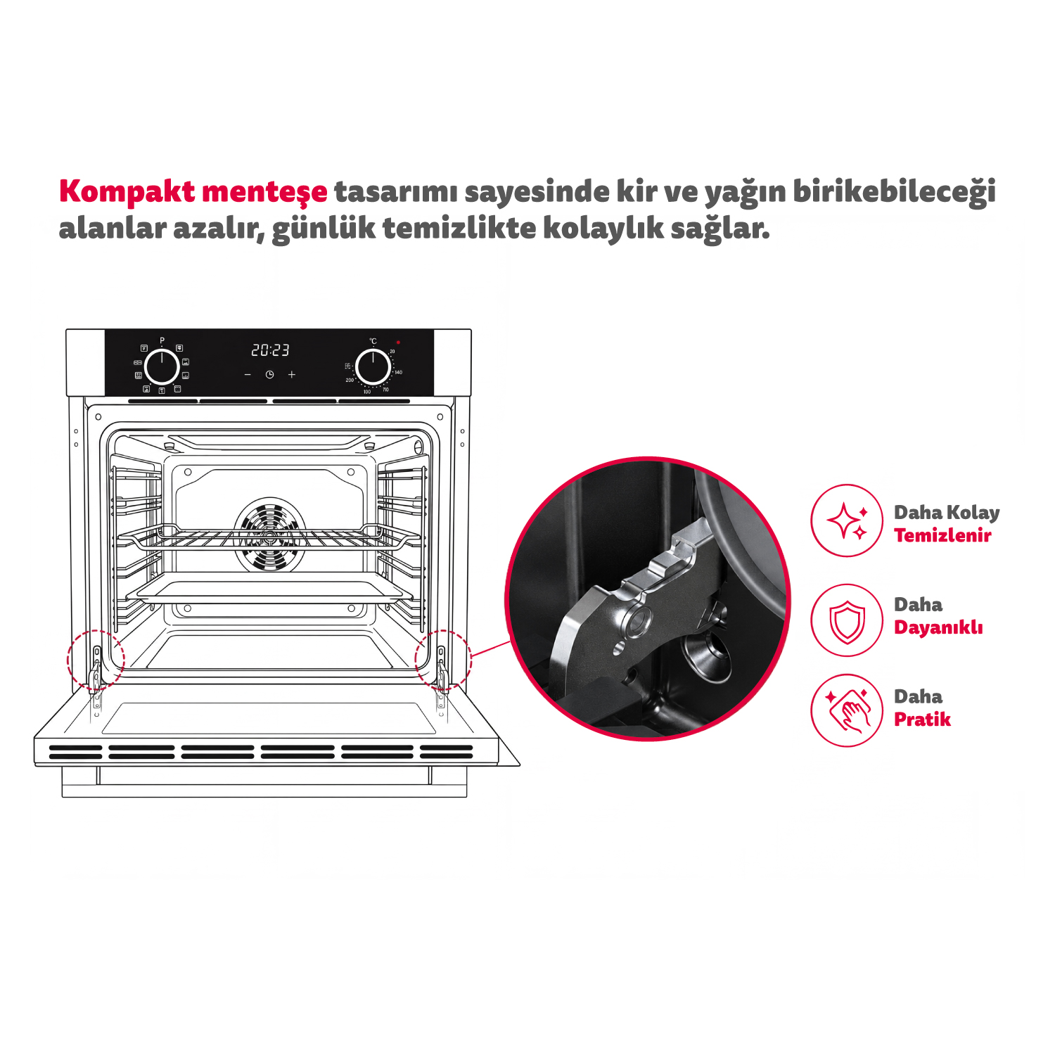 Kolay temizlik için kompakt menteşe tasarımını gösteren fırın şeması.