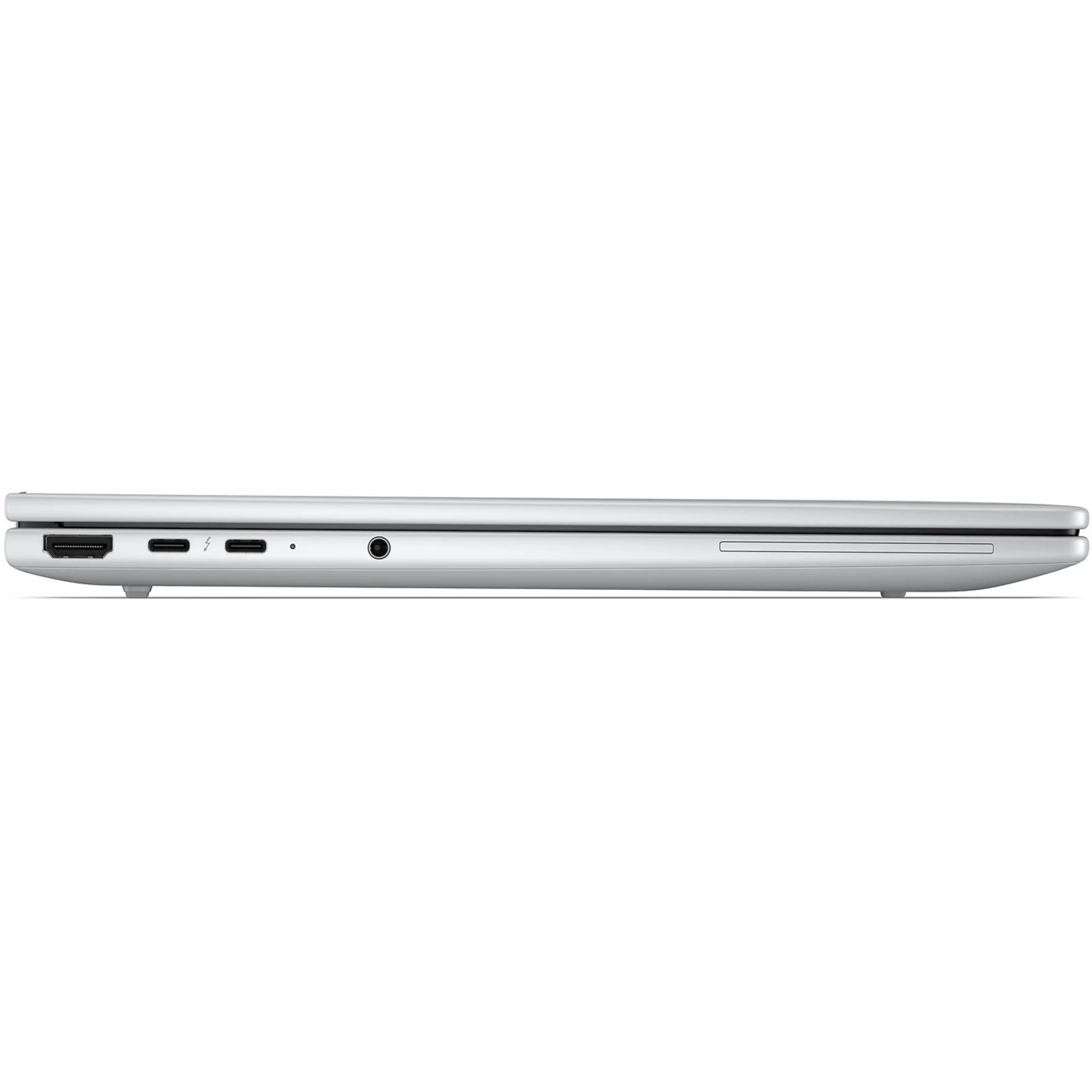 Vista laterale di un laptop argento chiuso con porte e lettore ottico su sfondo nero.