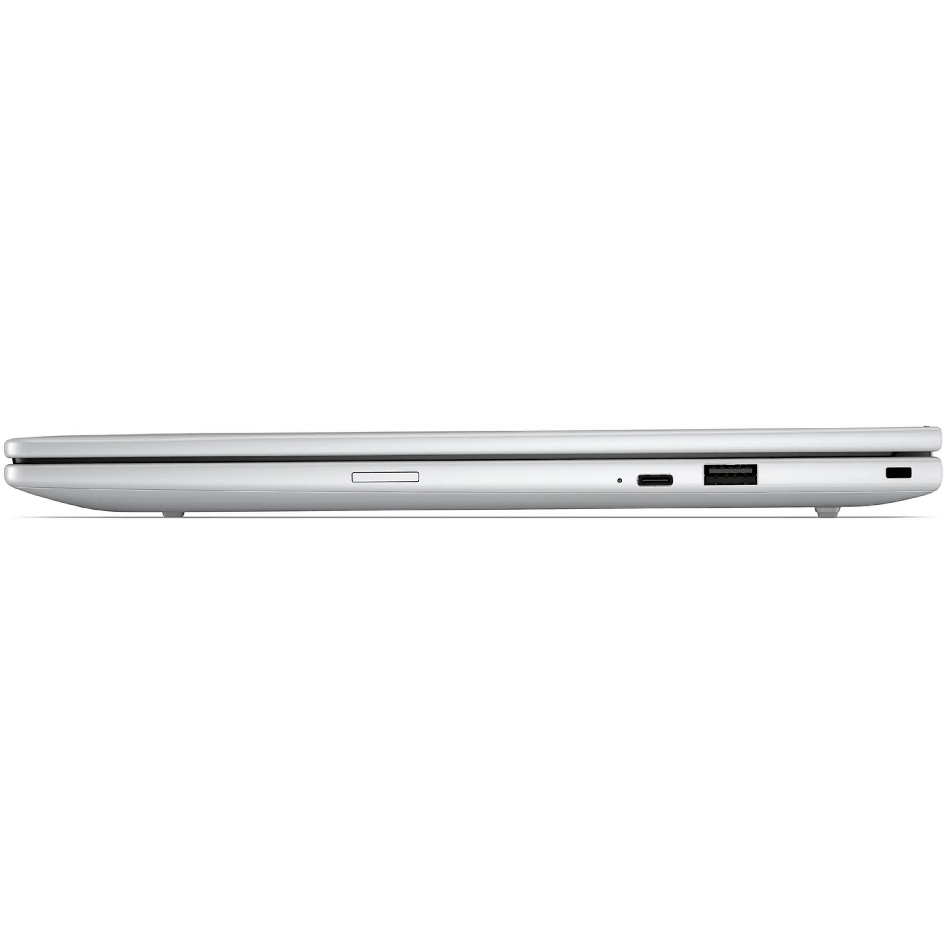 Profilo laterale di un laptop argentato chiuso con porte visibili e un pulsante di accensione su sfondo nero.
