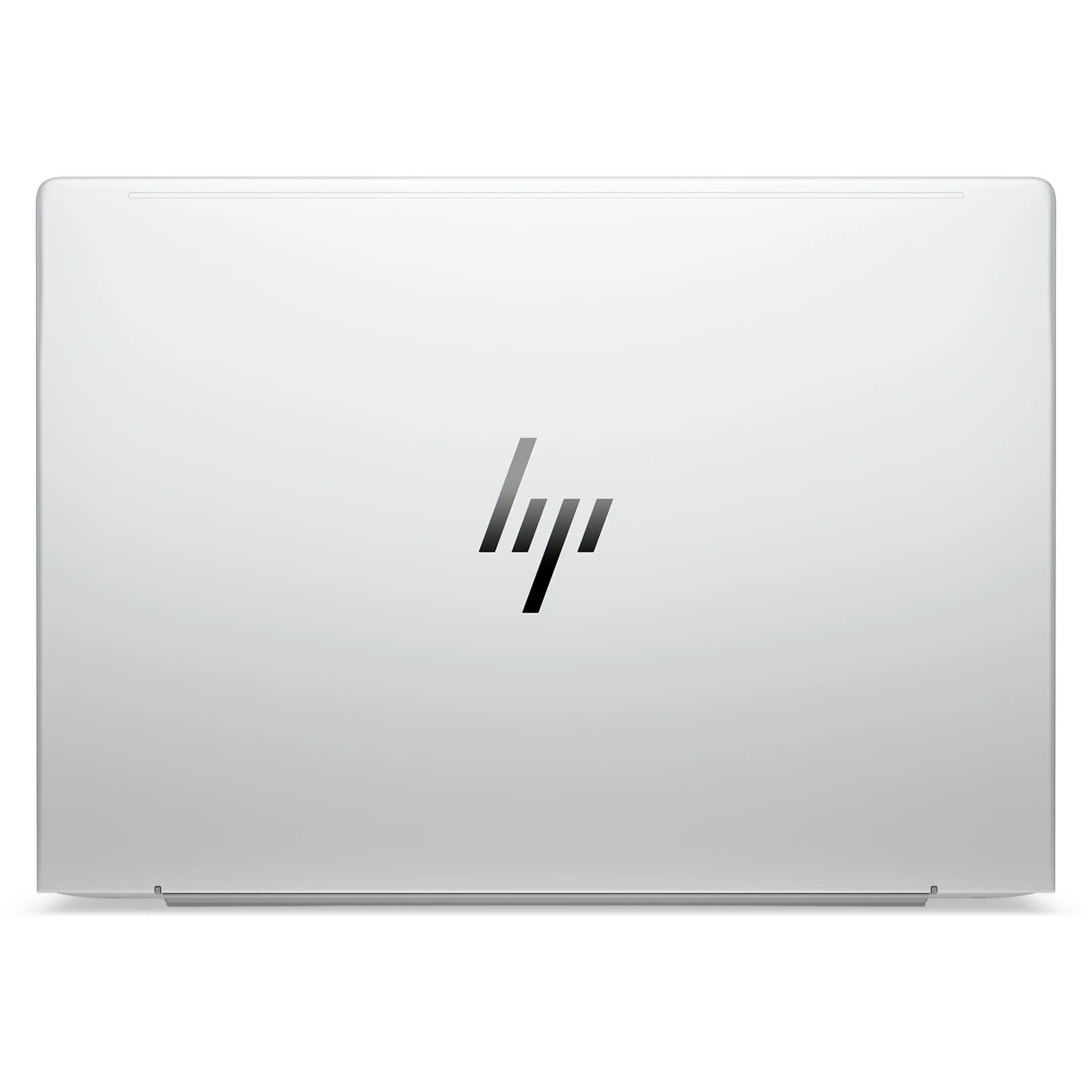 Il retro chiuso e argentato di un computer portatile HP mostra il logo HP minimalista al centro.