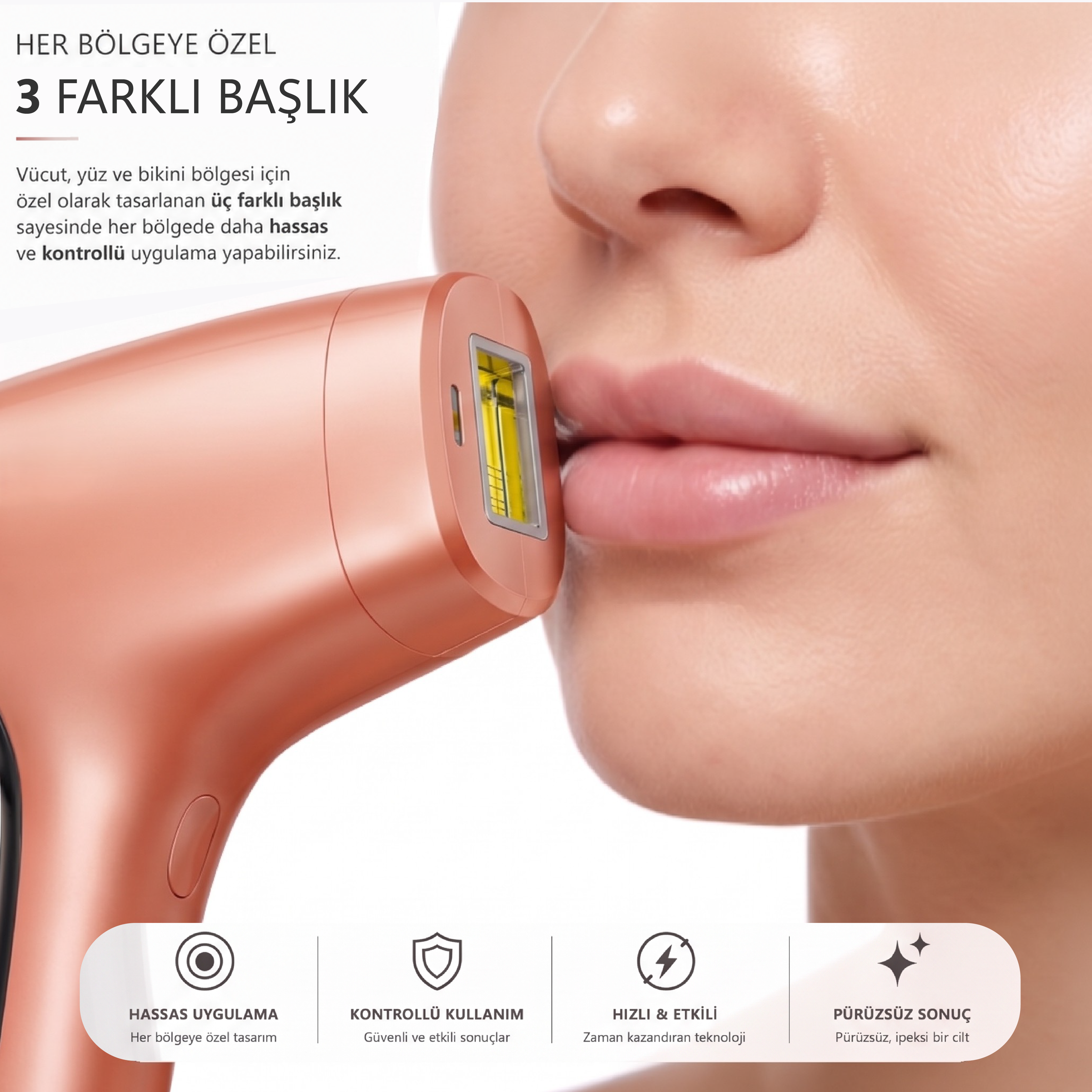Pembe altın rengi tüy alma cihazı, bir kadın yüzünün yakınına tutularak dudak bölgesine uygulanıyor.
