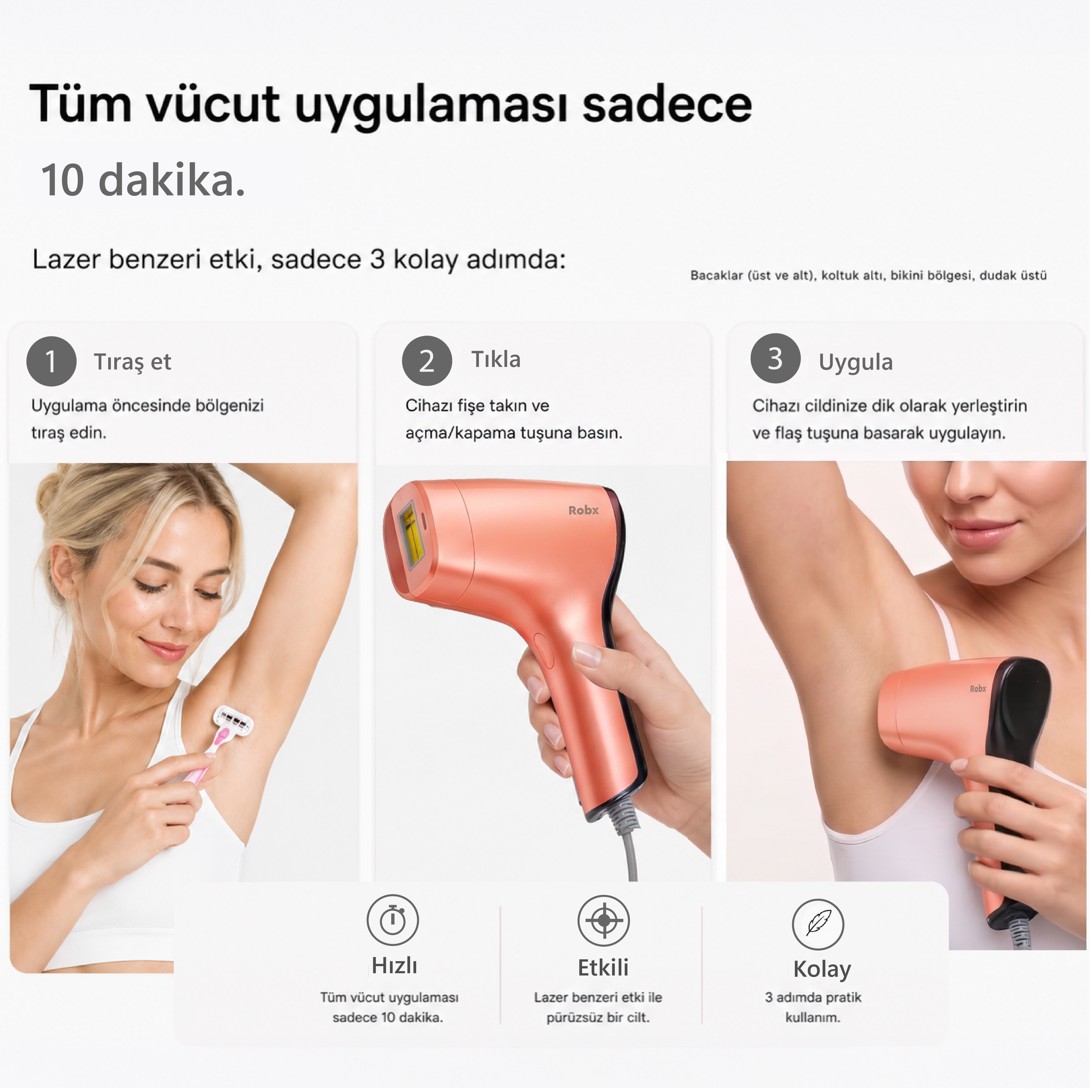 3 adımı gösteren bilgi grafiği: tıraş etme, cihazı fişe takma ve uygulama.