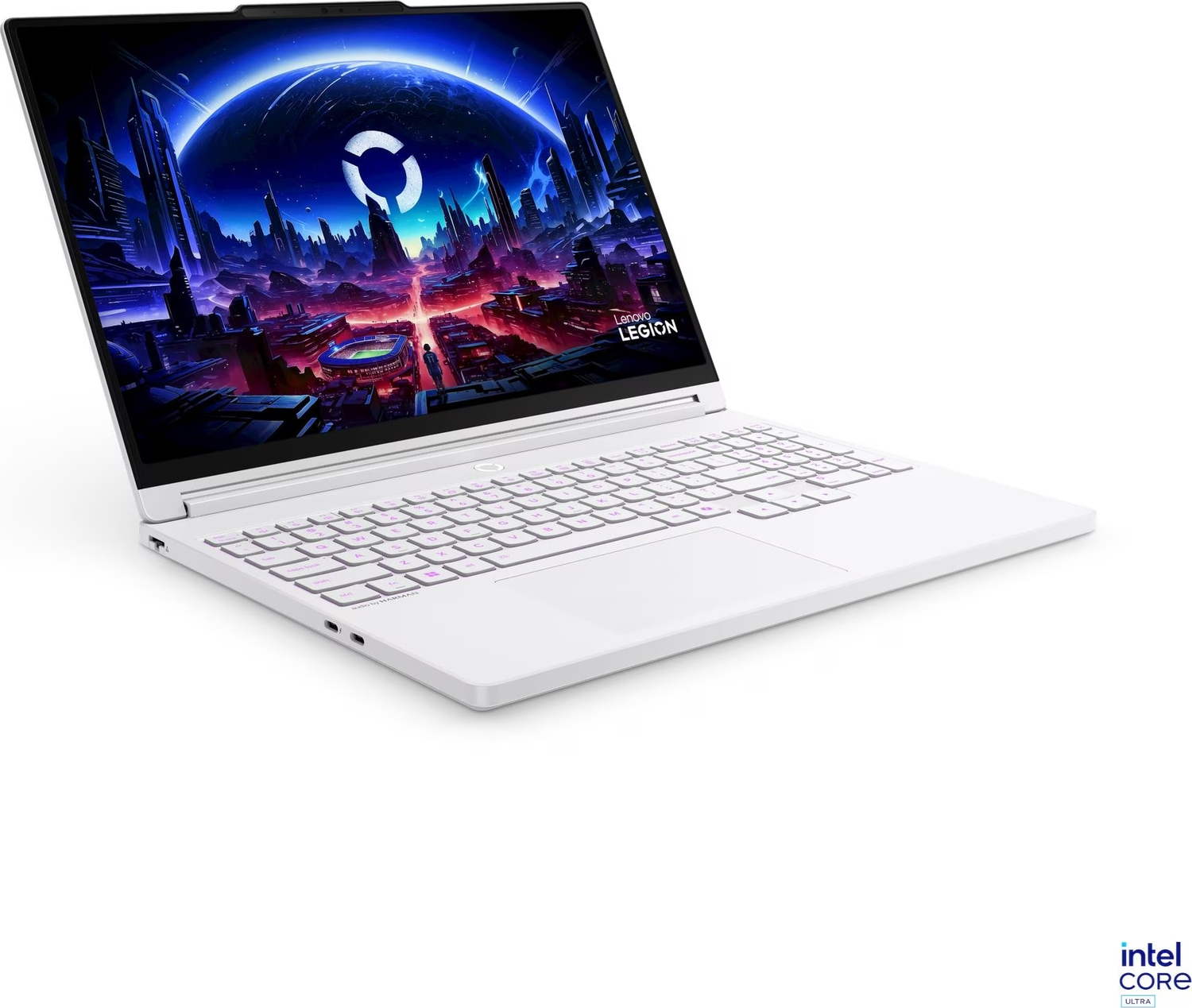 Beyaz bir Lenovo Legion dizüstü bilgisayar, ekranında renkli fütüristik bir şehir silüeti gösteriyor.