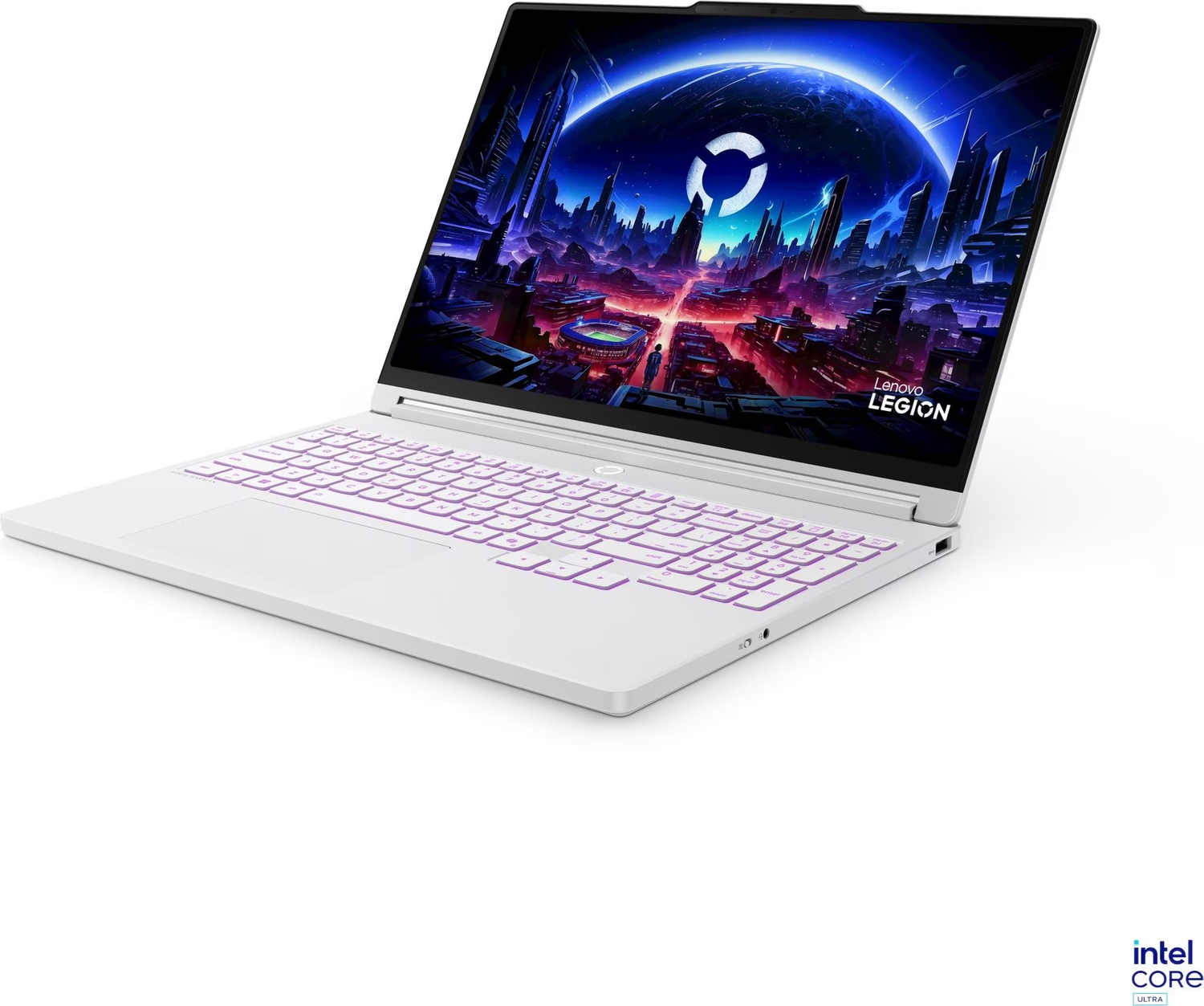 Beyaz bir Lenovo Legion dizüstü bilgisayar, ekranında mavi gökyüzü olan futuristik bir şehir gösteriyor.