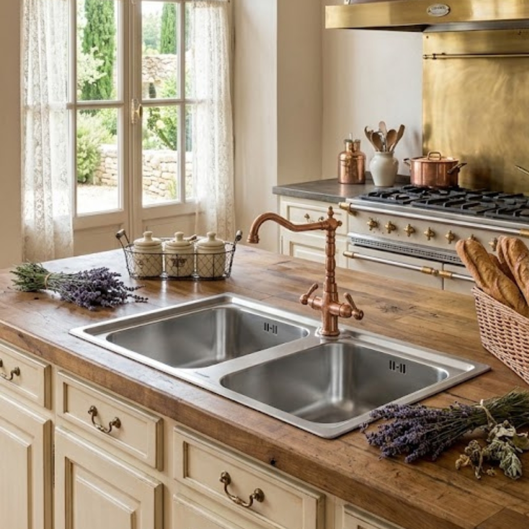 Cucina rustica con isola in legno, lavello doppio, rubinetto in rame e lavanda.